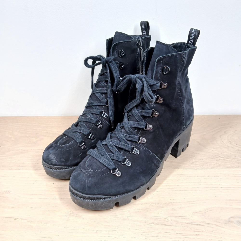 Schutz Boots Women 10 Black Suede Ankle Lug Sole Block Heel Combat Grunge